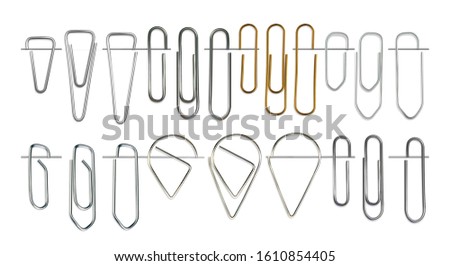 Metal Clips For Attachment Paper Documents With Soft Shadows. Realistic Objects Isolated On Transparent Background For Use In Your Projects, Business And Design. Vector Illustrations Collection. EPS10