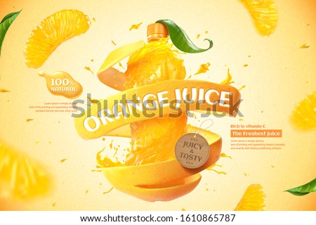 Orange bottle juice ads with splashing liquid and fresh pulp in 3d illustration Royalty-Free Stock Photo #1610865787