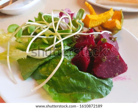 Vegetable salad consisting of beetroot, lettuce, sunflower sprouts Royalty-Free Stock Photo #1610872189