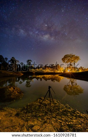 Amazing beautiful of night sky Milky Way Galaxy , Beautiful Milky Way galaxy over the lake. 