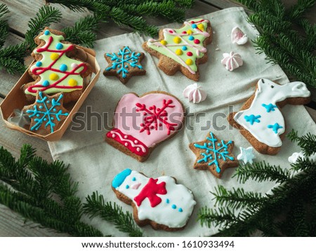 Set of painted glazed gingerbread in the new year theme, decorated with spruce branches