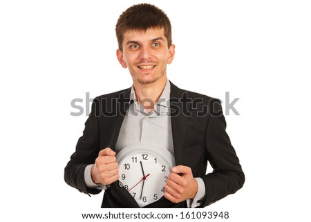 Happy executive man showing clock in interior of jacket isolated on white background