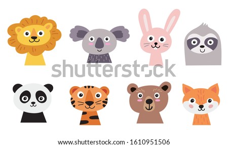 Cute animal faces set. Hand drawn characters - lion, koala, hare, sloth, panda, tiger, bear, fox