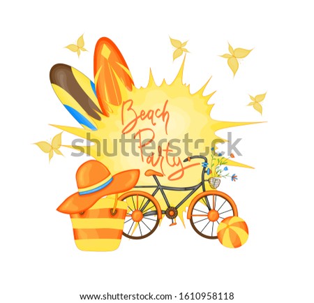 Set with beach accessories and a bike. Cartoon style. Vector illustration