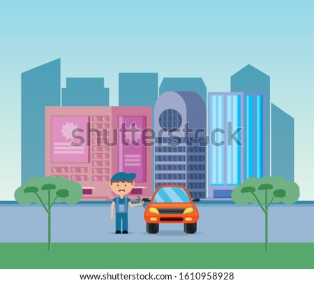 Car and repairman on the street in front of buildings design, Vehicle automobile auto transportation transport wheel automotive and speed theme Vector illustration