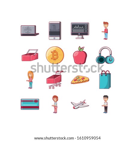 Shopping icon set design of Commerce market store shop retail buy paying banking and consumerism theme Vector illustration