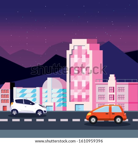 Cars on the street in front of buildings design, Vehicle automobile auto transportation transport wheel automotive and speed theme Vector illustration