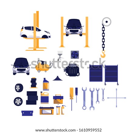 Tools cars and wheels design, Repair service maintenance job workshop labor work broken and professional theme Vector illustration