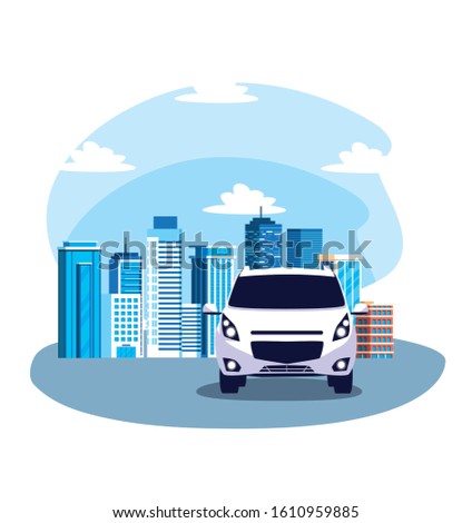 Car on the street in front of buildings design, Vehicle automobile auto transportation transport wheel automotive and speed theme Vector illustration