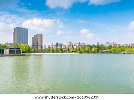 Lakeside city scenery of Daning tulip Park, Shanghai, China