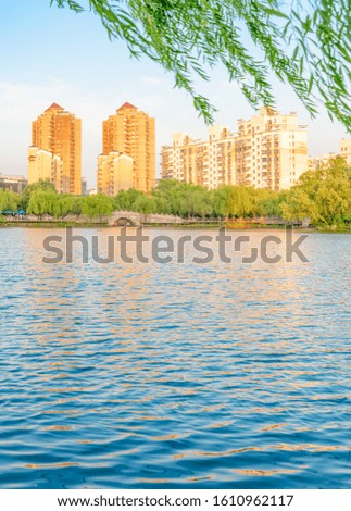Lakeside city scenery of Daning tulip Park, Shanghai, China