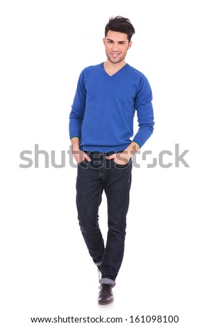 full body picture of a relaxed casual man with hands in pockets on white background