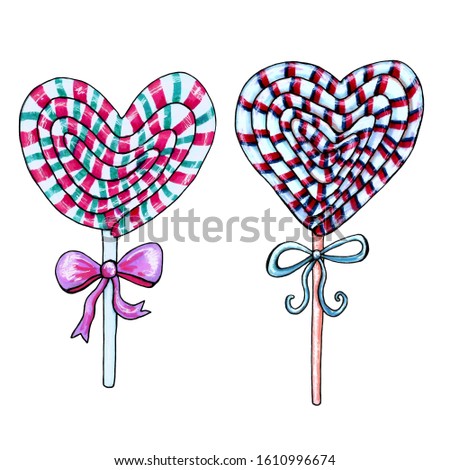 Watercolor Heart Shaped Lollipop Candy. Valentine's Day clip art element. Hand drawn illustration.