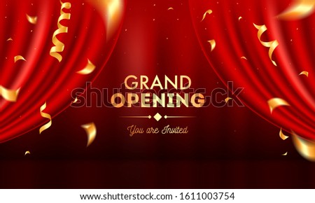Realistic Grand Opening Invitation with Red Curtains and Golden Confetti. Royalty-Free Stock Photo #1611003754