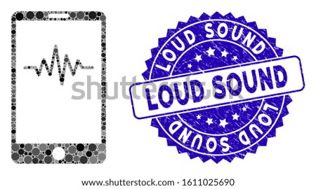 Mosaic mobile signal graph icon and grunge stamp seal with Loud Sound caption. Mosaic vector is composed with mobile signal graph icon and with random circle items. Loud Sound stamp uses blue color,
