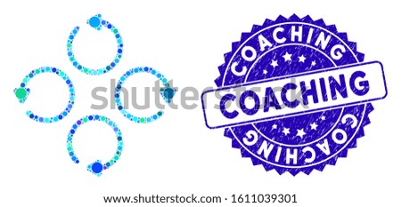 Mosaic rotation icon and rubber stamp seal with Coaching phrase. Mosaic vector is formed with rotation icon and with random spheric spots. Coaching stamp uses blue color, and rubber design.
