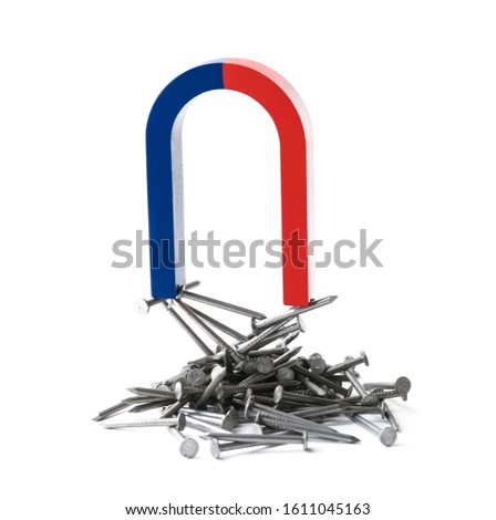 Horseshoe magnet attracting nails on white background