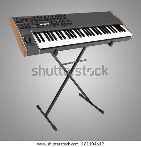 black synthesizer on stand isolated on gray background