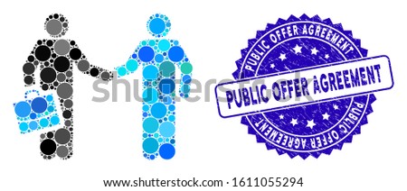 Mosaic contract handshake meeting icon and grunge stamp seal with Public Offer Agreement caption. Mosaic vector is created with contract handshake meeting icon and with random circle items.