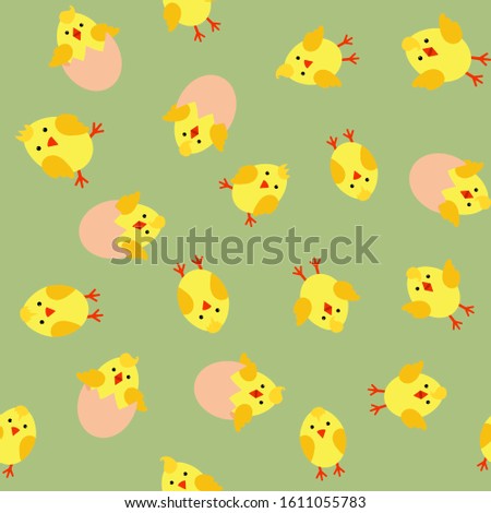 Baby background with cute little chickens. Seamless pattern with yellow chicks in different poses. Vector illustration. Easter bird. Spring green style. For print cup, textile, wallpaper, fabric