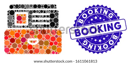 Mosaic catalog icon and rubber stamp seal with Booking phrase. Mosaic vector is created from catalog icon and with randomized circle spots. Booking seal uses blue color, and rubber design.