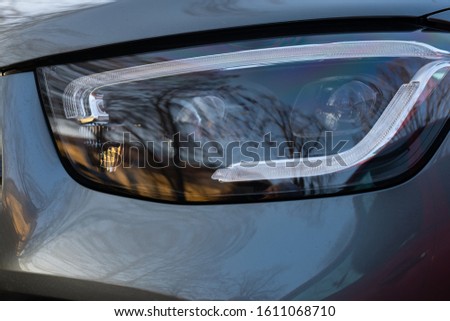 Close up picture of LED headlights modern car