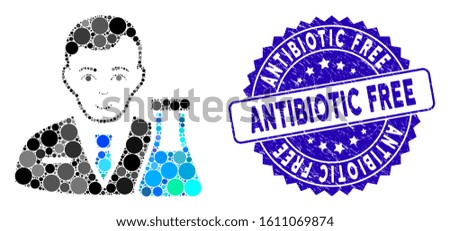 Mosaic chemistry man icon and distressed stamp watermark with Antibiotic Free caption. Mosaic vector is designed with chemistry man pictogram and with scattered round spots.