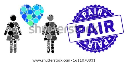 Collage lesbi love pair icon and grunge stamp seal with Pair caption. Mosaic vector is created with lesbi love pair icon and with random spheric elements. Pair stamp seal uses blue color,