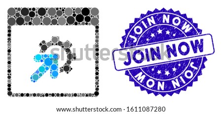 Mosaic gear integration calendar page icon and rubber stamp watermark with Join Now caption. Mosaic vector is composed with gear integration calendar page pictogram and with random circle elements.