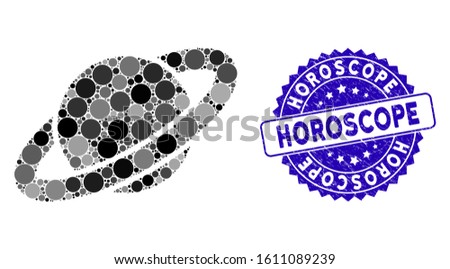 Mosaic planet Saturn icon and grunge stamp watermark with Horoscope text. Mosaic vector is formed with planet Saturn icon and with scattered round spots. Horoscope stamp seal uses blue color,