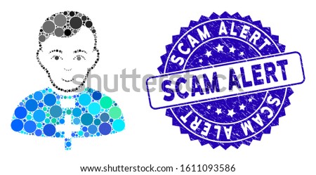 Mosaic catholic priest icon and grunge stamp seal with Scam Alert text. Mosaic vector is designed with catholic priest icon and with random circle elements. Scam Alert seal uses blue color,