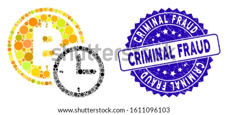 Mosaic Bitcoin credit time icon and grunge stamp watermark with Criminal Fraud phrase. Mosaic vector is formed with Bitcoin credit time icon and with randomized round items.