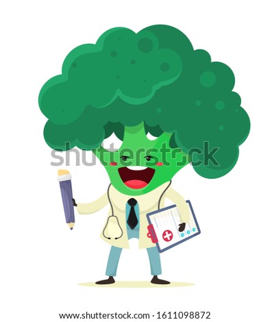 Cheerful broccoli, children's doctor with a pencil and a stethoscope. Vector isolate in cartoon flat style on a white background.