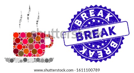 Mosaic coffee break icon and grunge stamp seal with Break text. Mosaic vector is designed with coffee break icon and with randomized circle spots. Break stamp seal uses blue color, and dirty surface.