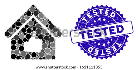 Mosaic thumb up building icon and grunge stamp watermark with Tested text. Mosaic vector is formed with thumb up building icon and with random round items. Tested stamp uses blue color,
