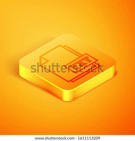 Isometric line TXT file document. Download txt button icon isolated on orange background. Text file extension symbol. Orange square button. Vector Illustration