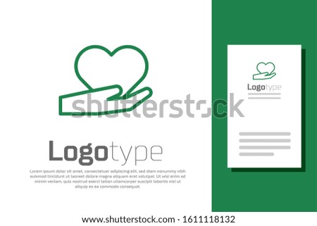 Green line Heart on hand icon isolated on white background. Hand giving love symbol. Valentines day symbol. Logo design template element. Vector Illustration