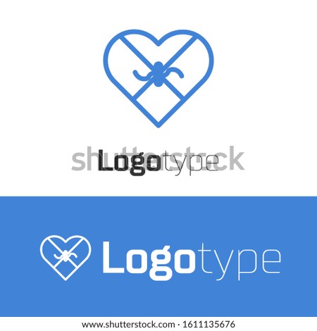 Blue line Candy in heart shaped box and bow icon isolated on white background. Valentines Day. Logo design template element. Vector Illustration