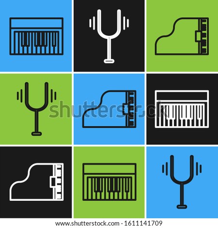 Set line Music synthesizer, Grand piano and Musical tuning fork icon. Vector