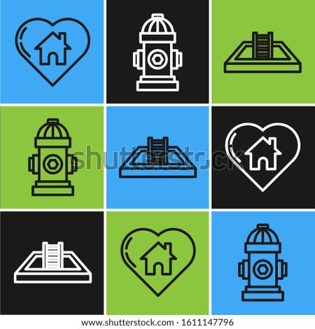 Set line House with heart shape, Swimming pool with ladder and Fire hydrant icon. Vector