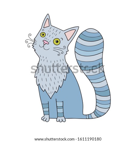 Lovely cute vector cat illustration in cartoon style. Grey kitten sitting.