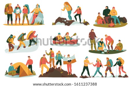 Mountain climbing trekking hiking flat compositions set with overnight halt camping tent bonfire cooking boating vector illustration 