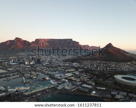 Drone pictures overlooking cape town city and Table mountain / South africa