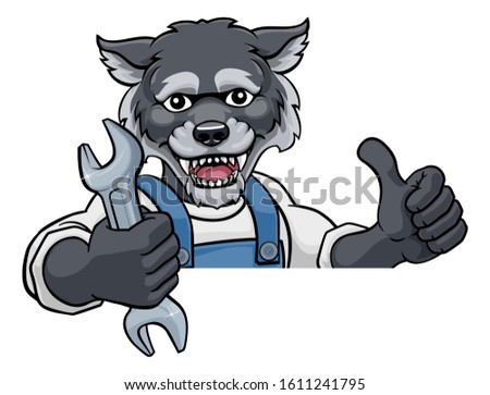A wolf cartoon animal mascot plumber, mechanic or handyman builder construction maintenance contractor peeking around a sign holding a spanner or wrench and giving a thumbs up