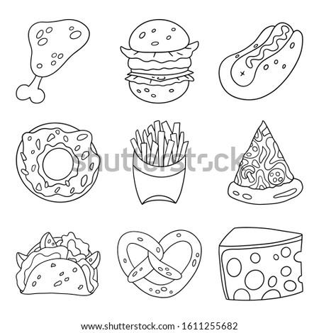 Cartoon doodle fast food set. Design element. Vector illustration isolated on a white background.