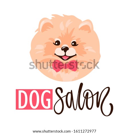 Dog salon, Pet grooming logo design template. Salon for animals with cute Pomeranian Spitz puppy isolated on white background. Vector stock illustration in flat cartoon style.