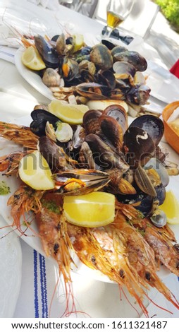 Shrimp and Mussels in a Greek Restaurant .Sea Food 