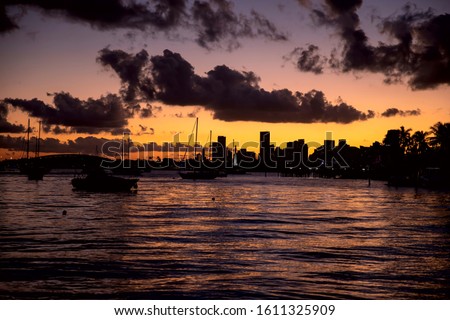 Miami Beach, Florida. Beautiful sunset in the southern city. Yachts skyscrapers, the sea! 