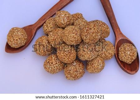 Indian festival makar sankranti concept Sesame seed ball or tilgul laddo