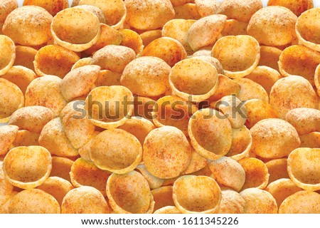 Fried and Spicy Moon Cup, Vatka, Katori, Moon Chips, Snacks or Fryums (Snacks Pellets) White background. selective focus - Image Royalty-Free Stock Photo #1611345226